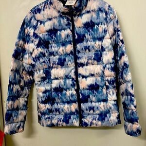 Eddie Bauer white duck down women’s jacket new with tags blue white pink